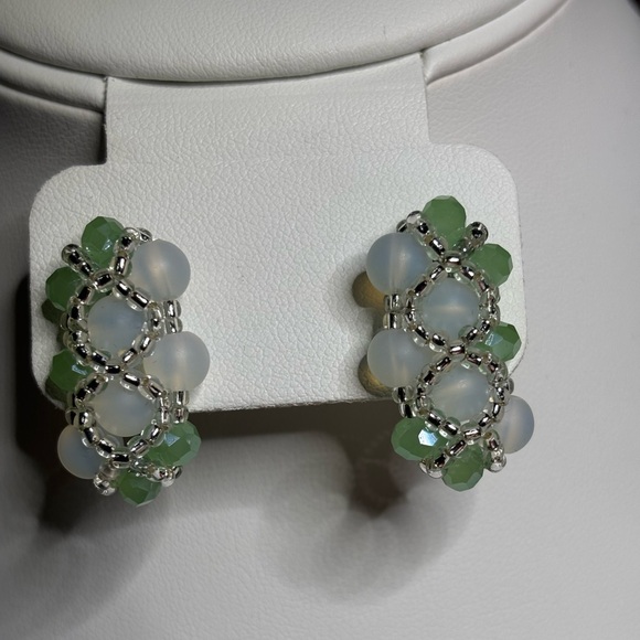 Hand crafted post earrings two tone frosted white and green beads and seed beads - Picture 1 of 9